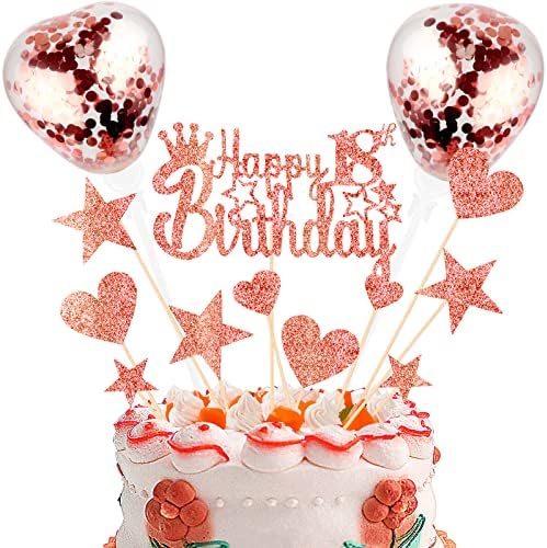 DKBT Cake Decorations 13 Pcs Happy Birthday Cake Toppers Rose Gold Cupcake Topper with Confetti Balloon Acrylic Banner Star Fireworks Paper Fan for Women Girls Birthday Party Anniversary Decor