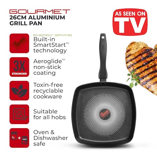 Tower T700317 SmartStart Gourmet 26cm Aluminium Grill Pan with Easy Clean Aeroglide Non-Stick, Long Lasting, Induction Compatible, Oven Safe, PFOA Free, Black - Image 3