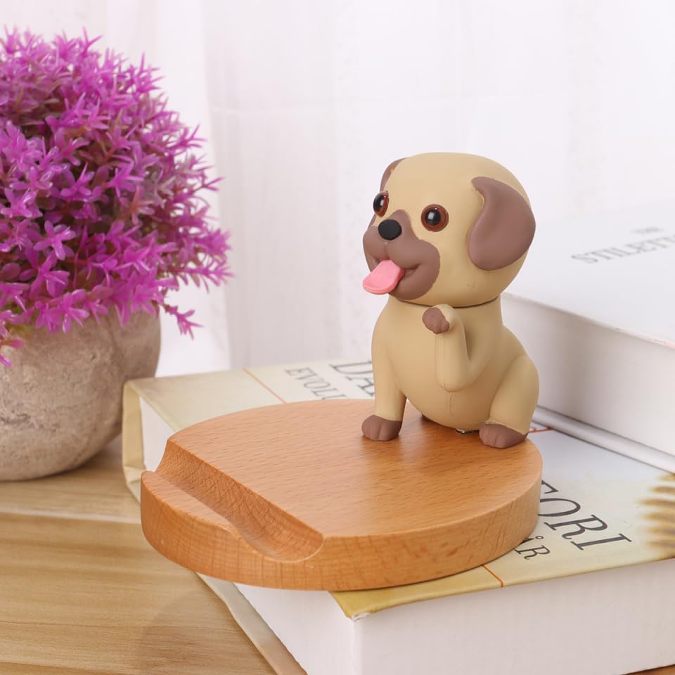 Mikikit Wooden Dog Cell Phone Holder Stand Desktop Smartphone Bracket Universal Phone Holder with Base 3.74X3.14X3.14In Compatible with Most Phones