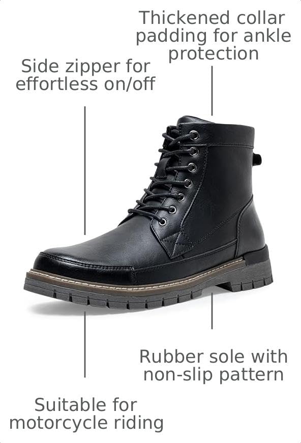 Image of Jousen Men's Motorcycle Combat Dress Boots with Zipper | Comfortable Casual Chukka Work Biker Riding Boots Wide Lace-up PU Leather Fashion Round Toe