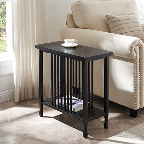 Image of Leick Home 11205-BK Ironcraft Rustic Narrow Chairside Table with Shelf, Black Wash