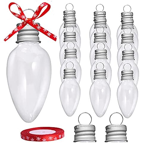 16 Packs 3.4 Inch Fillable Light Bulb Shape Clear Plastic Christmas Ornaments with Screw Off Cap and 1 roll of Red Snowflake Ribbon for DIY Crafts Christmas Tree Hanging Decoration Cover
