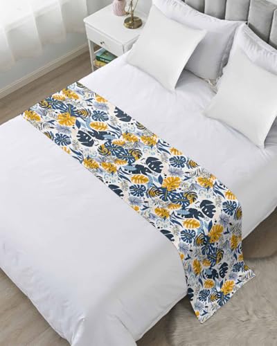 Tropical Leaf Bed Runner Scarf for Twin Size Bed Foot,Decorative Bedding Accessory Stainproof & Dustproof Soft Protector For Bedroom Hotel Wedding Room Orange Blue Palm Plants Summer Pastoral 71
