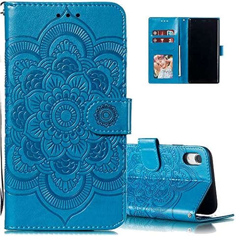 LEECOCO for iPhone XR Case Mandala Embossing Luxury PU Leather Flip Notebook Wallet Bookstyle Magnetic Stand Card Slot Folio Bumper Protection Cover for iPhone XR 6.1 inch Mandala Blue LD Cover