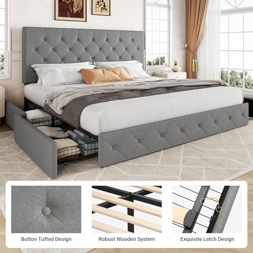 Allewie Upholstered King Size Platform Bed Frame with 4 Storage Drawers and Headboard, Diamond Stitched Button Tufted, Mattress Foundation with Wooden Slats Support, No Box Spring Needed, Light Grey
