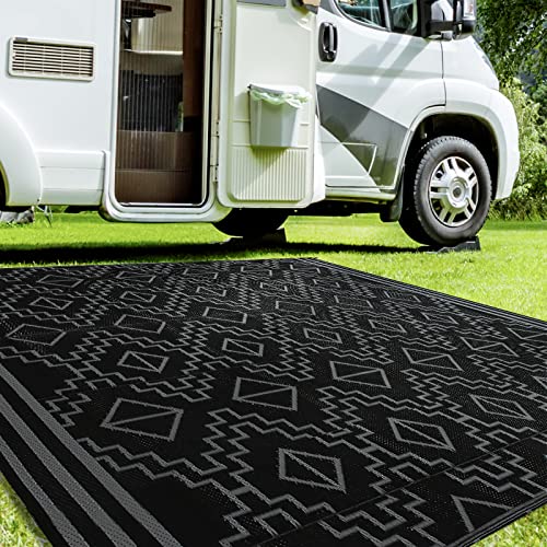 Rocyjulin Waterproof Outdoor Rugs 5X8, Reversible Outdoor Patio Rug Clearance, Plastic Straw Rug For Patio, Rv, Camping, Deck, Picnic, Porch, Pool, Balcony, Black & Grey #TOP1