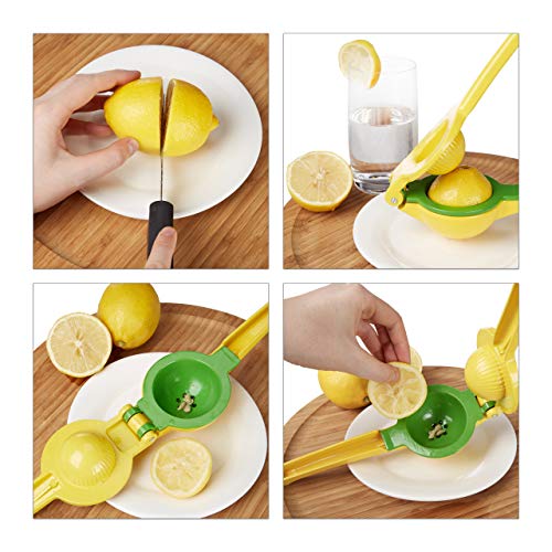 Foto von Relaxdays Zitruspresse manuell, stabile Fruchtpresse 2in1 für Zitronen und Limetten, Bar, HxBxT: 5,5 x 7,5 x 22 cm, gelb