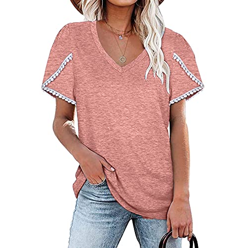 Womens Petal Sleeve Tops V Neck Short Sleeve Shirts Summer Casual Loose Basic Tunic Tshirt Pink