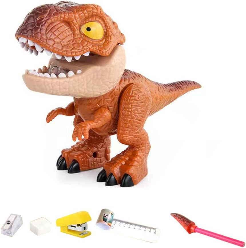5 in 1 Stationery Set,Dinosaur-Themed Stationery Funny Toy for Kids,Student Storage Eraser Ruler Pencil Sharpener Staple for Boys and Girls