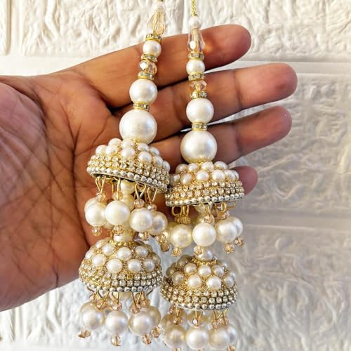 Image of Adikala Craft Store Handmade Ethnic Latkan Tassel Set of 2 for Saree Pallu, Blouse, Suits, Dupatta, Lehenga Decor | Ethnic Saree Pallu, Blouse, Suit, Dupatta & Lehenga Decoration (White Glitter D2)
