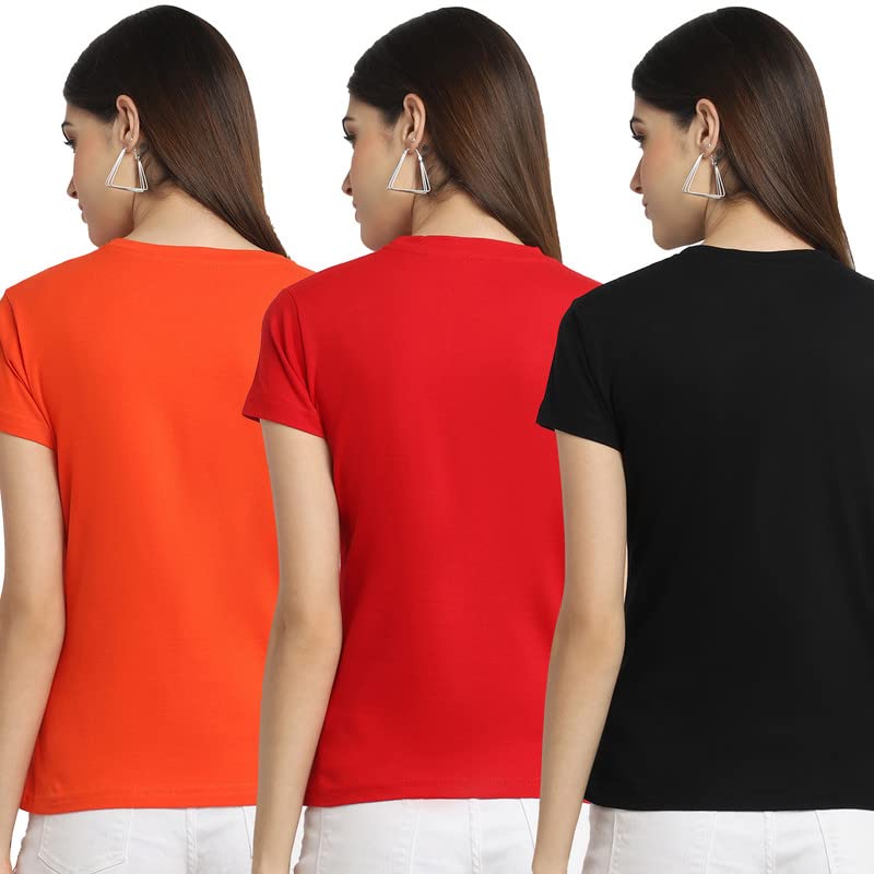 Image of Preneum Women's Cotton Regular Fit Graphic Stylish Printed Short Sleeves Casual T-Shirt || Trendy & Style (Pack 3), Orange & Red & Black, XS