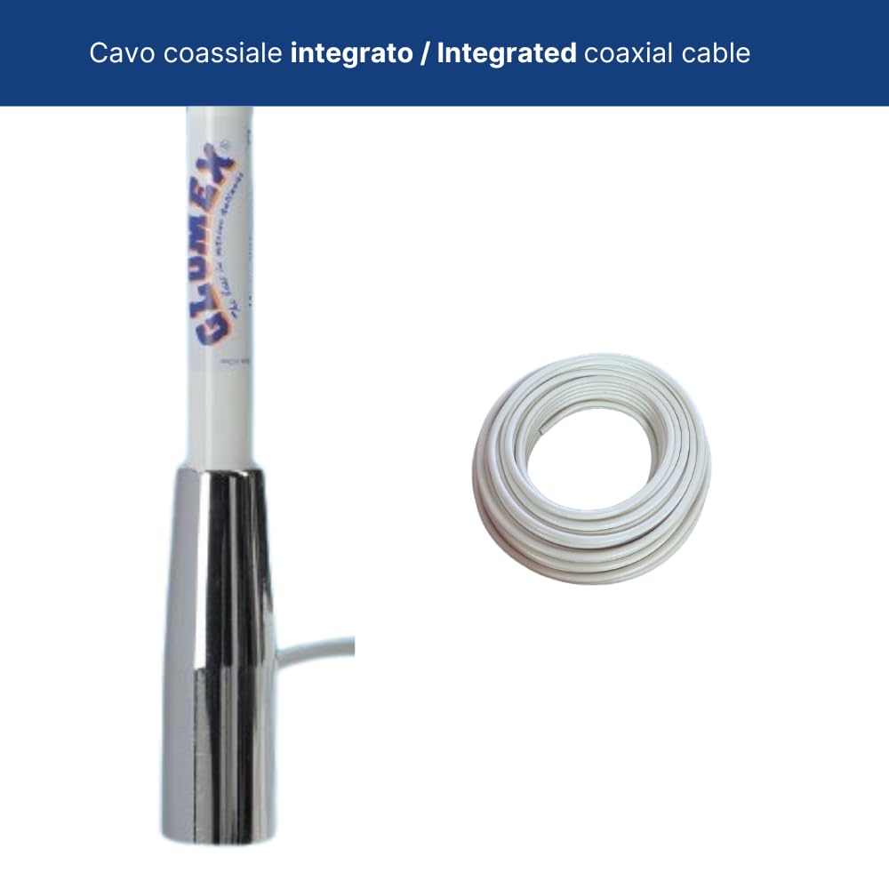 Glomex – Antenne VHF "Basic Line" 1,5 m (Blanc), modèle RA400CR – Virole en laiton chromé, comprend câble 4,5 m, 3 dB, DC Ground, pour bateaux à moteur – Qualité et finitions supérieures