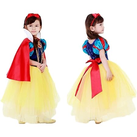 Amazon 白雪姫風 ドレス 子供用 ハロウィン 衣装 コスプレ ワンピース 女の子 仮装 コスチュームマント カチューシャ ステッキ 4点セット 110cm キッズコスチューム おもちゃ