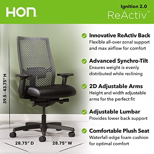 Hon Ignition 2.0 Reactiv Office Chair Ergonomic Open Mesh-Style Back For High Airflow & Flex Support - Adjustable Lumbar, Synchro-Tilt Recline, Home Office Computer Desk Chair For Back Pain - Black #TOP1