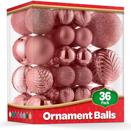 rose-gold christmas ornaments set of 36 - beautiful tree decorations - 6 style ball ornaments - shatterproof/pre-strung - for holiday/party/decorations/diy