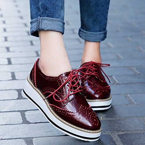 YING LAN Women's Platform Lace-Up Wingtips Square Toe Oxfords Shoe Red Size 8.5