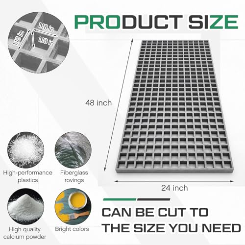 Image of Cinnvoice Fiberglass Molded Grating, Non-Slip Frp Bar Grate Panel 1.5 inch Square Open Mesh Industrial Grating for Floor, Platform, Deck, Drain Trench, Car Wash(48 x 24 x 1.2 in)