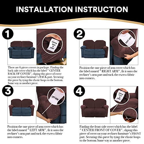 Velvet 6 Pieces Recliner Loveseat Cover Velvet Recliner Loveseat Covers 2 Seat Sofa Slipcover Sofa Cover Furniture Protector Couch Soft With Side Pocket For Pets,Kids, Brown #TOP6
