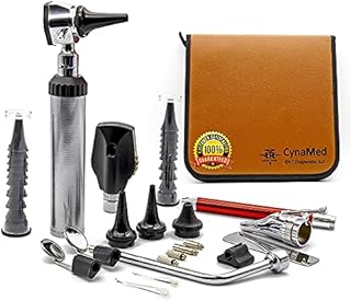 CynaMed ENT Diagnostic Kit - Ear, Nose, Throat Examination Instruments Set - Otoscope, Opthalmoscope, Earwax Remover, Nasal Dilator, Speculum, LED Lights, Mirrors, Replacement Tips, Leather Carry Bag