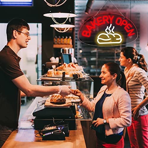 Image of BAKERY OPEN Neon Signs for Wall Decor Neon Lights for Bedroom Led Business Signs Suitable for Bakery Cake Shop Restaurants Canteen Christmas 5V Power Adapter, 15.7 * 8.6 Inch(Red + White)