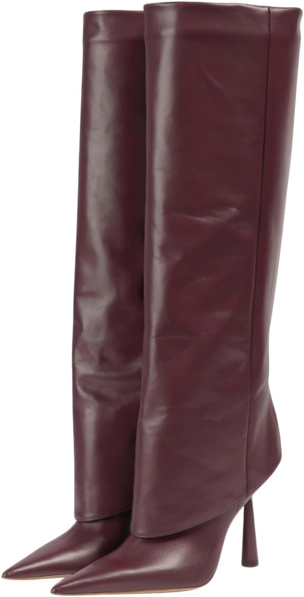 Vertundy Women's Fold Over Boots - Pointed Toe Stiletto Heel Slip On Knee High Boot Fashion Sexy Dress Boot