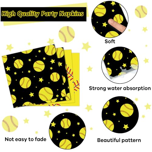 Image of 96Pcs Softball Birthday Party Decorations Paper Plates and Napkins Sets Sports Theme Dessert Disposable Tableware Black Yellow Softball Plates Supplies Team Sport Party Gifts Favors for 24 Guests