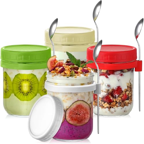 Crystalia Glass Overnight Oats Jar with Spoons, Set of 4 Yoghurt Pots with Lids, 450ml Cereal and Muesli To Go Container, Glass Breakfast Jars Overnight Oats Container