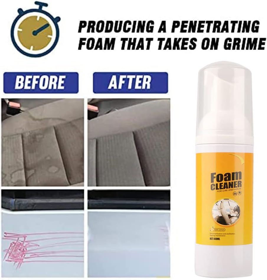 2PCS Multipurpose Foam Cleaner Spray,Foam Cleaner for car and House Lemon Flavor,Leather Decontamination,All-Purpose Household Cleaners for Car and Kitchen,Suitable for Car House and Kitchen 60ML