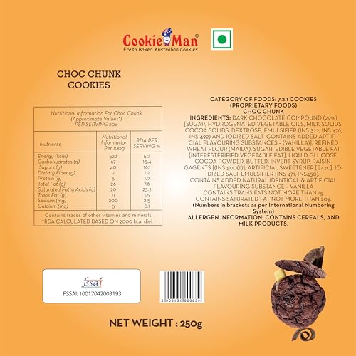 Image of CookieMan Choco Chunk Cookies - 250g | Rich & Chewy Chocolate Chunk Australian Cookies | Baked to Perfection for Ultimate Indulgence | Perfect for Snacking, Sharing & Gifting