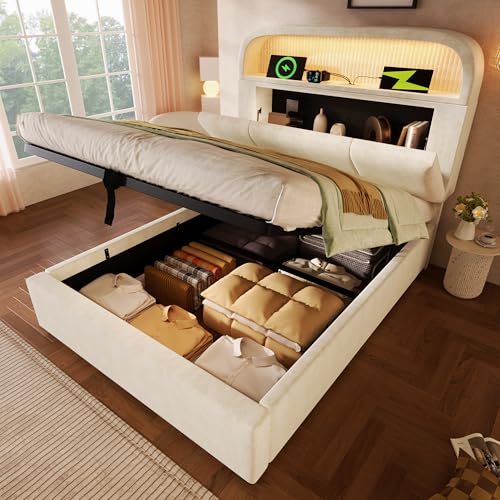 YESGIGA Cama tapizada individual 90 x 200 cm con cabecero de almacenamiento regulable en altura, cama hidráulica con iluminación y estación de carga USB/tipo C (90 x 200 cm con colchón)