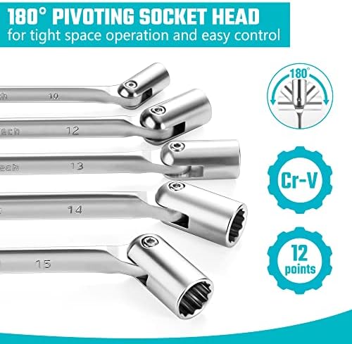 DURATECH Flex-Head Ratcheting Wrench Set, Combination Spanner Set, Metric Spanner Set, 8-19mm, 12 Point, 9-Piece, with Rolling Pouch