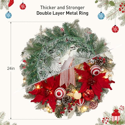 GarveeHome 24" Pre-Lit Christmas Wreath for Front Door, Large Artificial Christmas Wreath, Battery Operated Lighted Xmas Wreath for Door Window Indoor Outside Xmas Home Decor, Red and White