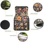 Premium Linen Boho Car Floor Mats Full Set, Vintage Floral Design | Waterproof & non-slip all-weather mats, universal fit for SUV Sedan, luxury car interior accessories for men and women