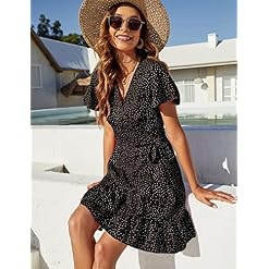 Naggoo Women's Summer Wrap V Neck Polka Dot Print Ruffle Short Sleeve Mini Floral Dress with Belt - Image 4
