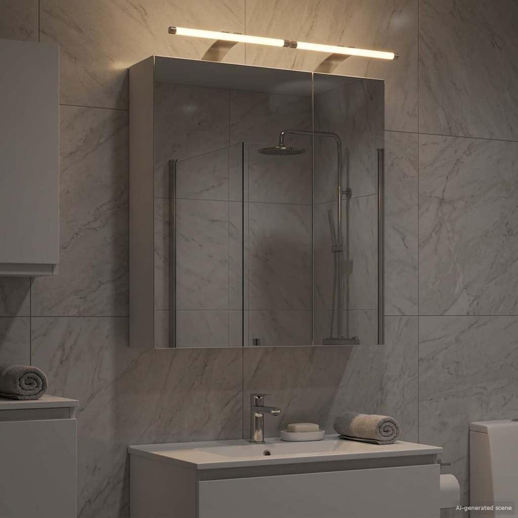 Szafka łazienkowa z lustrem biała, 60 x 14,5 x 70 cm, materiał drewnopochodny z dwoma półkami, oświetlenie LED, złącze USB, montowana na ścianie, do łazienki, toalety dla gości, miejsce do
