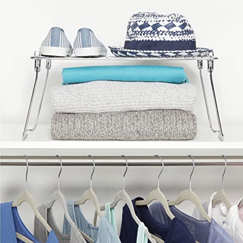 Mdesign Farmhouse Metal Stackable Storage Shelf - Closet, Cabinet, Countertop 2-Tier Raised Organizer - For Bedrooms, Bathrooms, Entryways, Hallways - 12" X 17" X 8.4" - 2 Pack - Chrome #TOP2
