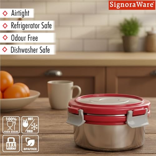 Image of Signoraware Lock N Store Stainless Steel Round Container With Steel Lid | Airtight & Leakproof | Compact & Durable | Ideal for Snacks, Office, School & Travel Use (350ml | Red)