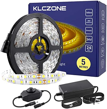 KLCZONE 16.4ft LED Strip Light for Bedroom, 2200K Bright Rope Light, Dimmable 24V LED Tape Light, 300 LEDs 5050 Flexible Light Strip with Power Supply for Mirror, Kitchen Cabinet, Home Decoration
