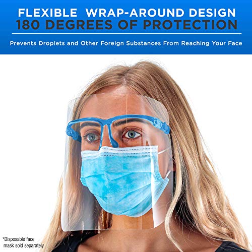 Image of TCP Global Salon World Safety Face Shields with Blue Glasses Frames (Case of 80) - Ultra Clear Protective Full Face Shields to Protect Eyes, Nose, Mouth - Anti-Fog PET Plastic, Goggles