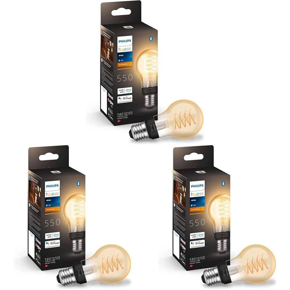 Philips Hue White Filament, Lampadina LED Smart a Filamento, Attacco E27, Luce Bianca Calda, Dimmerabile (Confezione da 3)