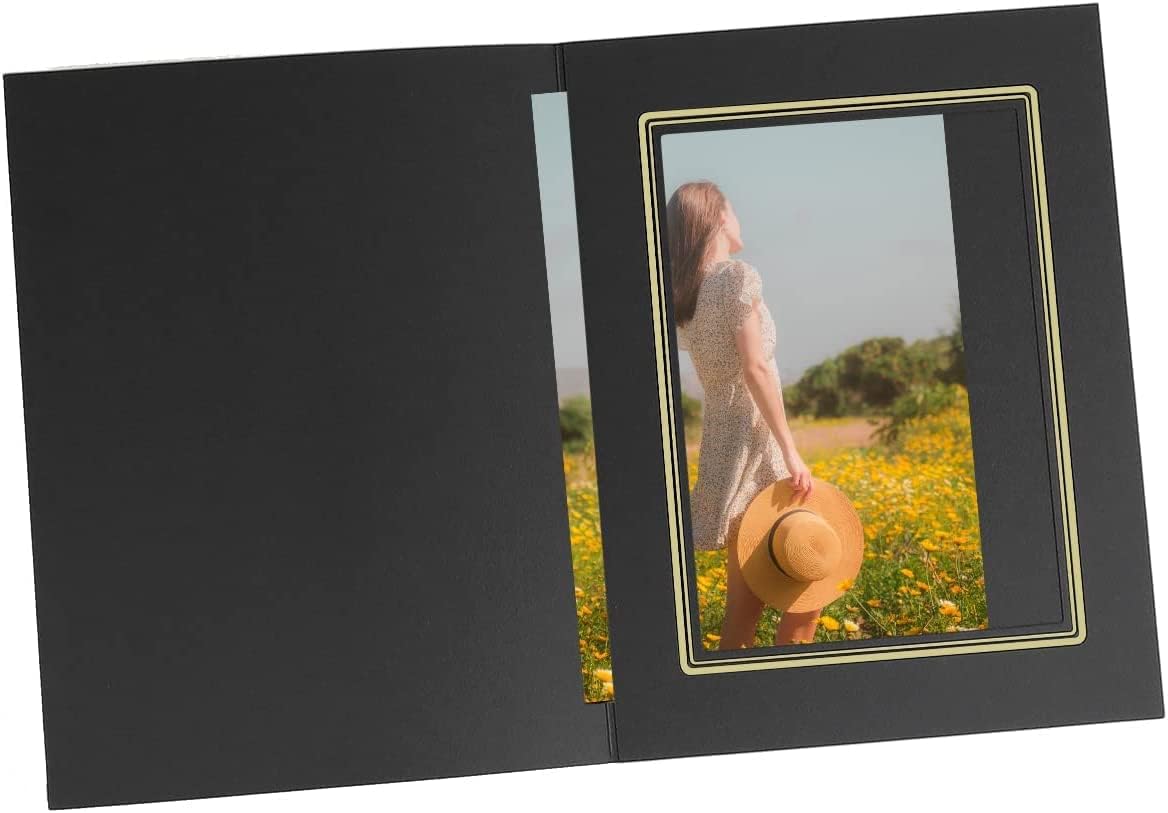 Golden State Art, Pack of 100, 5x7 Photo Folders, Cardboard Picture Frame, Paper Frame Cards, Greetings/Invitation Special Events: Graduation, Christmas (Black with Gold Lining)