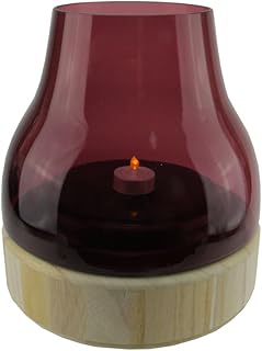 Northlight Merlot Colored Glass Pillar Candle Holder with Wooden Base, 9.75