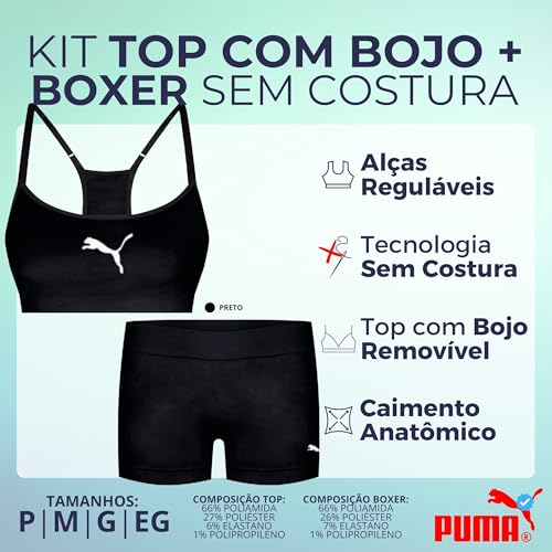 Conjunto Fitness Sem Costura Puma Top Com Bojo e Short Anatômico Academia Feminino Adulto | P | Pret