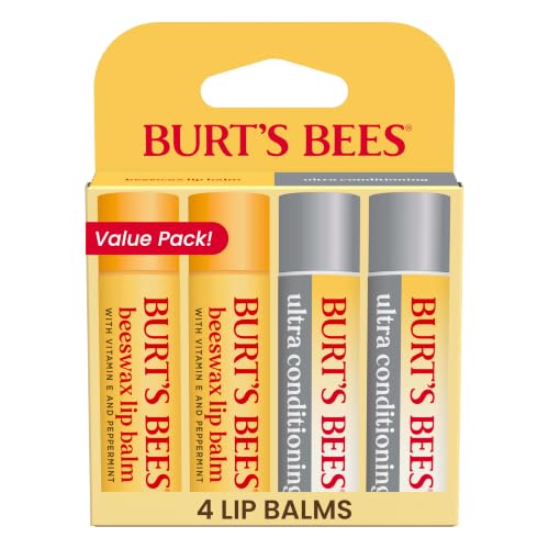 Burts Bees Stocking Stuffers Lip Balm Beeswax and Ultra Conditioning Lip Balm Pack Hydrating Lip Moisturizer with Kokum and Shea Butter Natural Origin Lip Care 0.15 oz. Four Tubes