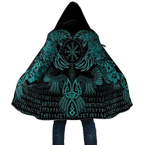 Vikings Men's Lambswool Hooded Jacket Odin Munnin Huggin 3D Printed Warm Thickened Jacket Winter Casual Long Sleeve Coat (Color : Celtic Raven, Size : 3X-Large)