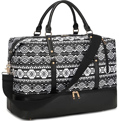 JIANYA Women's Oversized Overnight Bag, Leather Weekend Duffle with Shoe Compartment, Polyester and Faux Leather Cover