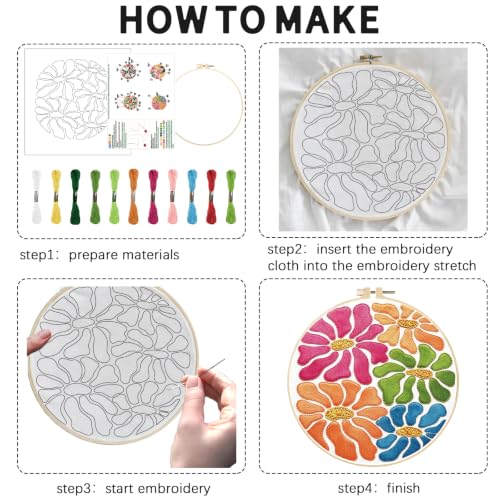 Image of INFUNLY 6Pcs Vintage Floral Embroidery Kit 12 Inch Round Wild Daisy Flower Embroidery Kits with Hoop Floss Needle for Botanical Decor Matisse Art Lovers DIY Gift