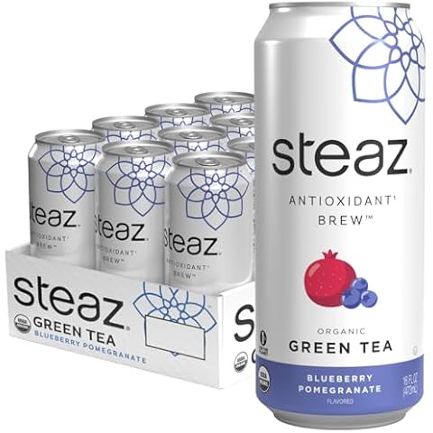 Steaz - Organic Green Tea - Blueberry Pomegranate (12 Pack) - Antioxidant Brew - 65mg Natural Caffeine, 90 Calories, Vitamin C - Cane Sugar Sweetened Iced Tea - Vegan - 12 Cans, 16 fl oz (473mL) Cover