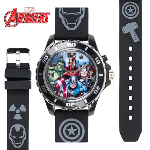 Marvel Avengers Adventure Analog Quartz Kids' Watch with Flashing LED Lights - Superhero Icons Band, Japanese Movement, Black2