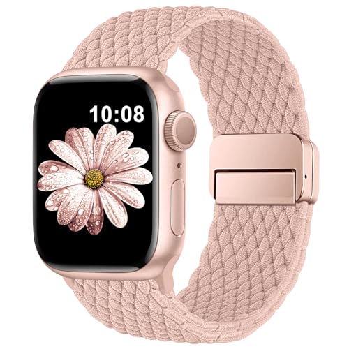 AMSKY Tressé Elastique Compatible avec Bracelet Apple Watch Se 40mm 44mm 42mm 46mm 41mm 45mm 38mm Femme Homme, Nylon Sport Bracelet avec Boucle Magnétique pour Serie 11 10 9 8 7 6 5 4, SE 3 2 1